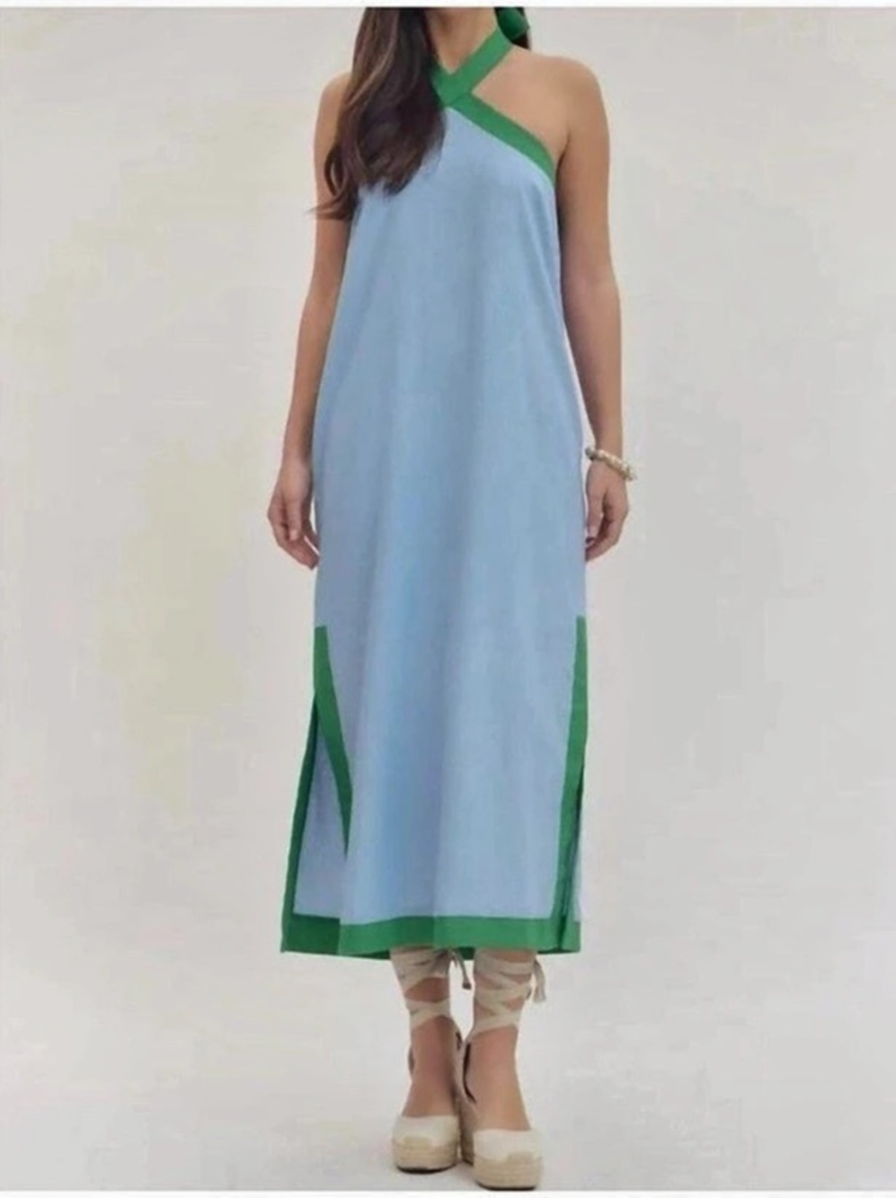 Entro Color Block Halter Midi Dress in Blue & Green